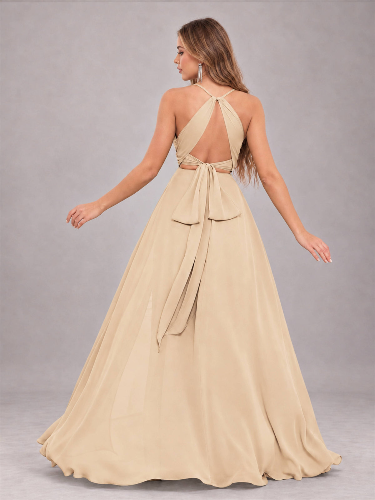 Champagne Trendy Halter Neck Bow Back Chiffon Bridesmaid Dress with Slit