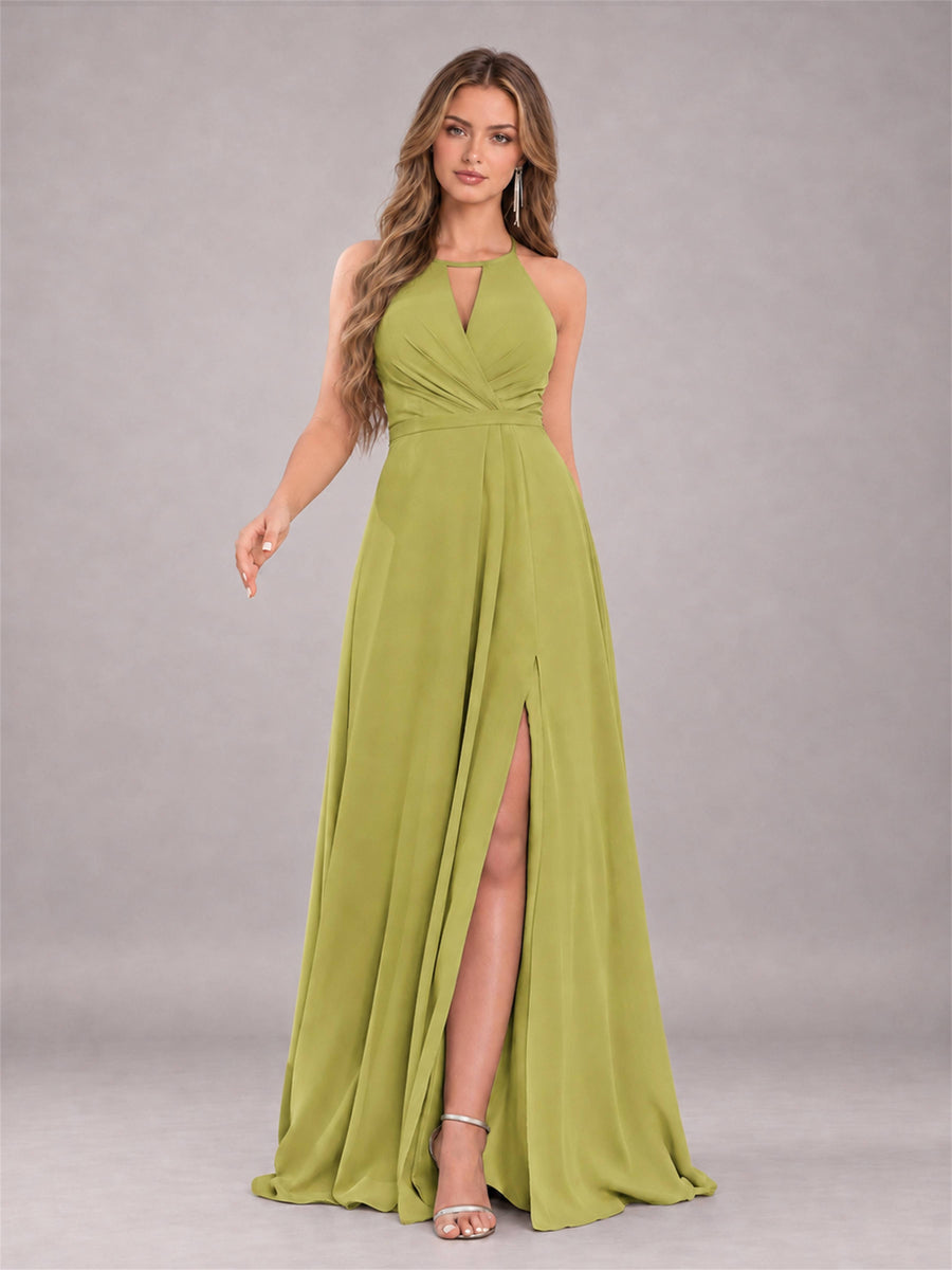 Chartreuse Trendy Halter Neck Bow Back Chiffon Bridesmaid Dress with Slit