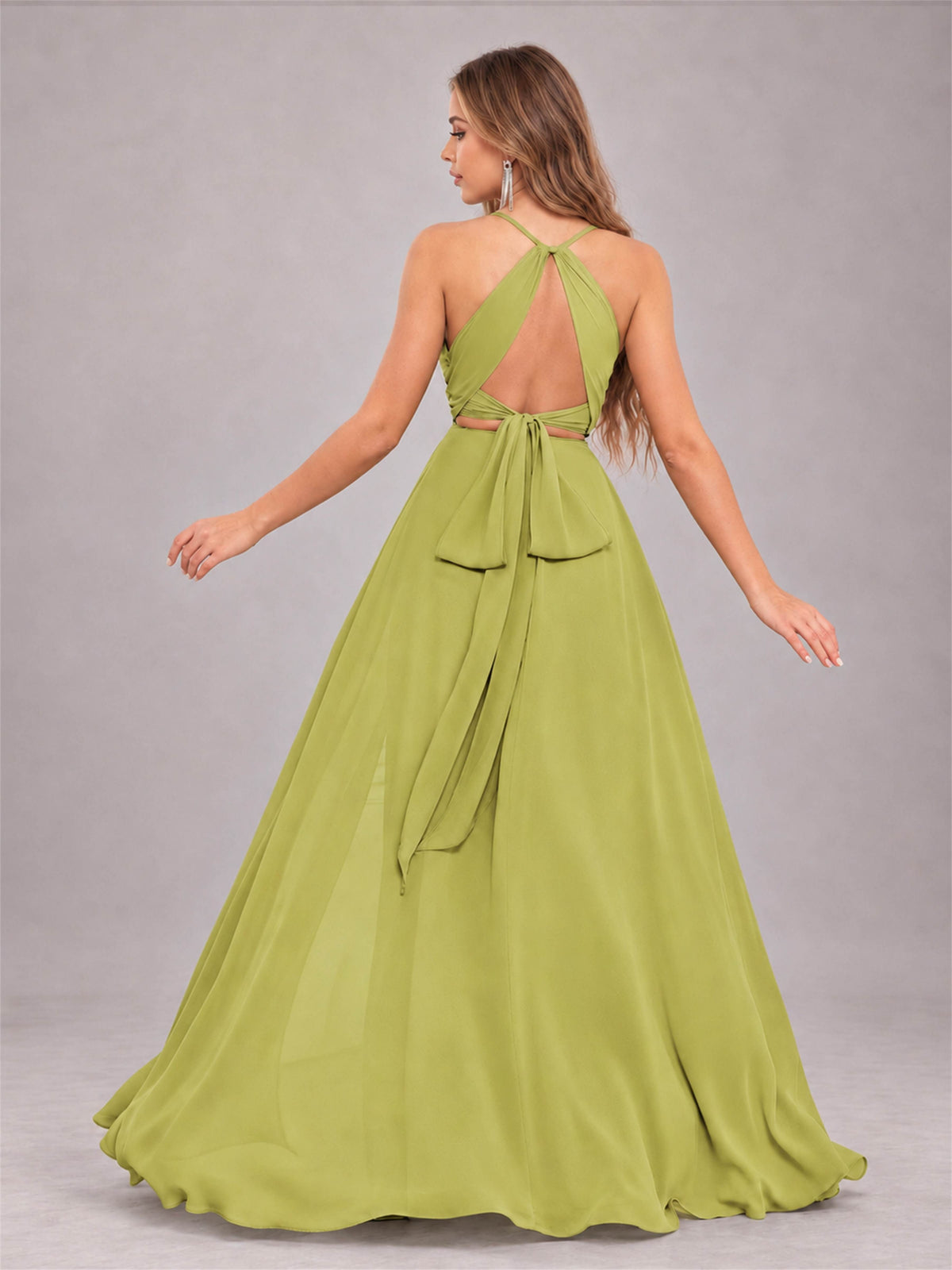Chartreuse Trendy Halter Neck Bow Back Chiffon Bridesmaid Dress with Slit