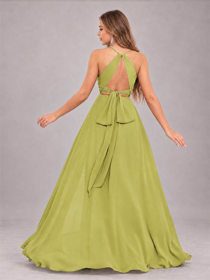Chartreuse Trendy Halter Neck Bow Back Chiffon Bridesmaid Dress with Slit