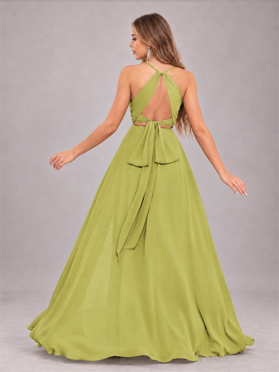 Chartreuse Trendy Halter Neck Bow Back Chiffon Bridesmaid Dress with Slit