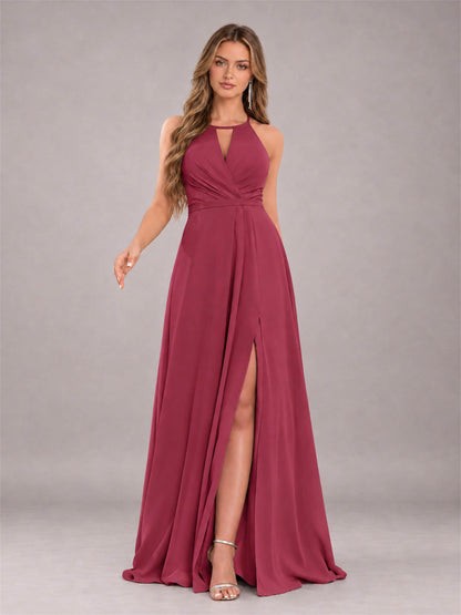 Cinnamon Rose Trendy Halter Neck Bow Back Chiffon Bridesmaid Dress with Slit