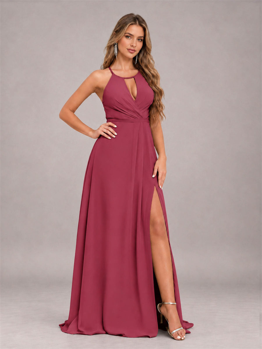 Cinnamon Rose Trendy Halter Neck Bow Back Chiffon Bridesmaid Dress with Slit
