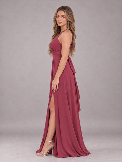 Cinnamon Rose Trendy Halter Neck Bow Back Chiffon Bridesmaid Dress with Slit