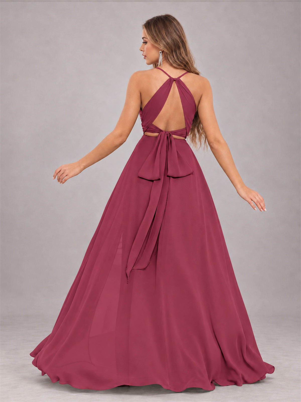 Cinnamon Rose Trendy Halter Neck Bow Back Chiffon Bridesmaid Dress with Slit