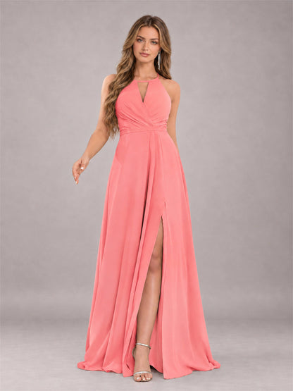 Coral Trendy Halter Neck Bow Back Chiffon Bridesmaid Dress with Slit