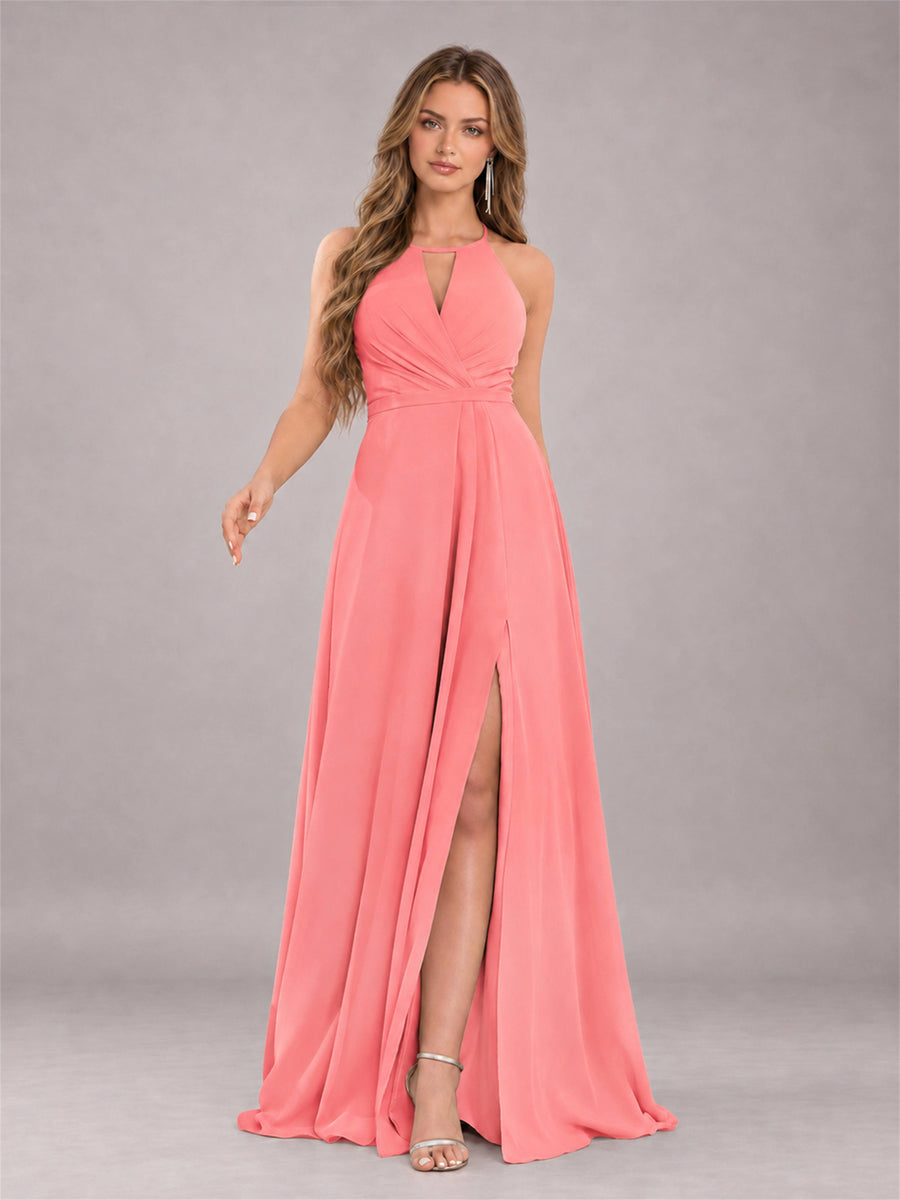 Coral Trendy Halter Neck Bow Back Chiffon Bridesmaid Dress with Slit