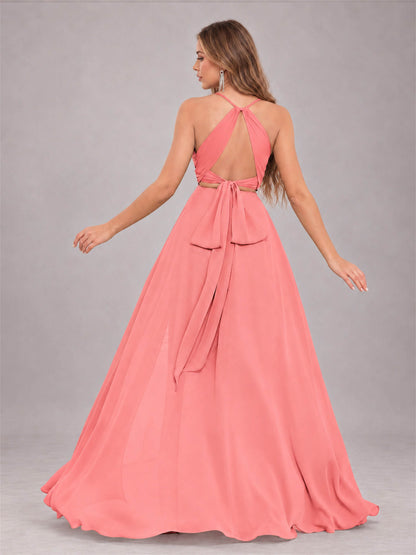 Coral Trendy Halter Neck Bow Back Chiffon Bridesmaid Dress with Slit