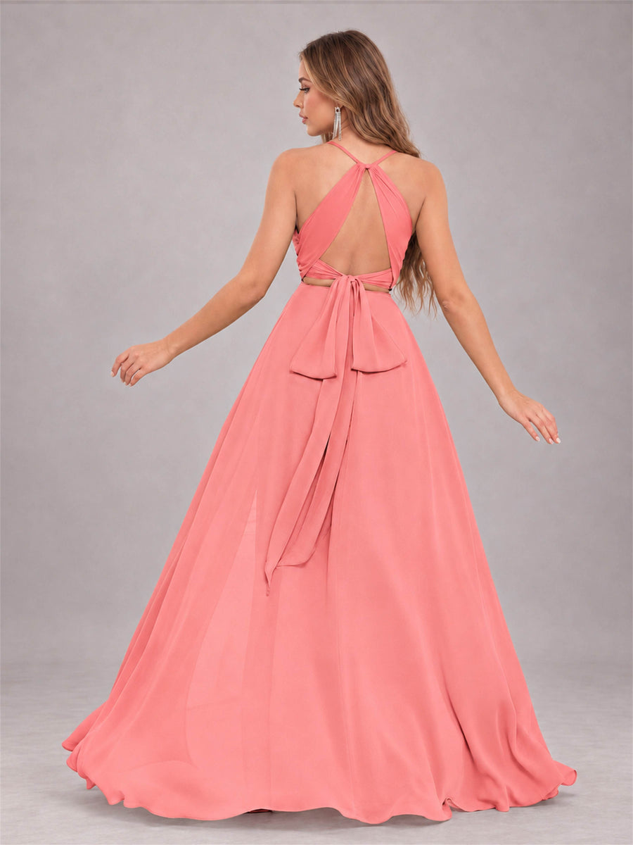 Coral Trendy Halter Neck Bow Back Chiffon Bridesmaid Dress with Slit