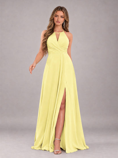 Daffodil Trendy Halter Neck Bow Back Chiffon Bridesmaid Dress with Slit