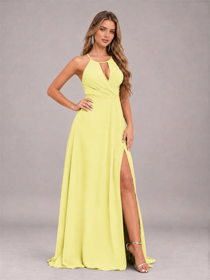 Daffodil Trendy Halter Neck Bow Back Chiffon Bridesmaid Dress with Slit