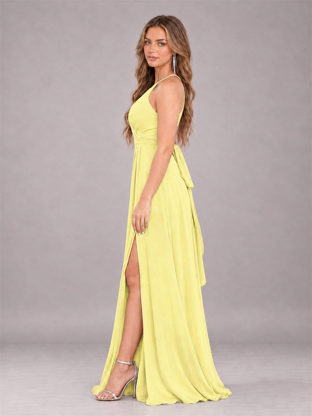 Daffodil Trendy Halter Neck Bow Back Chiffon Bridesmaid Dress with Slit