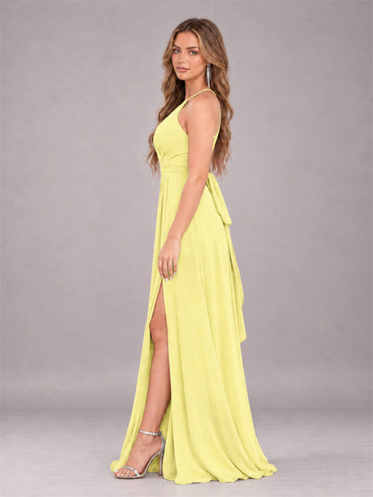 Daffodil Trendy Halter Neck Bow Back Chiffon Bridesmaid Dress with Slit
