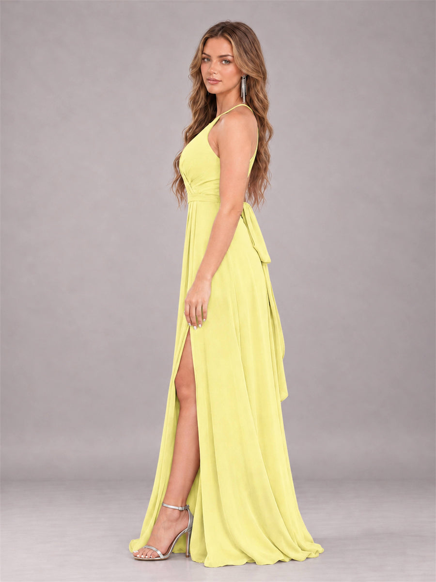 Daffodil Trendy Halter Neck Bow Back Chiffon Bridesmaid Dress with Slit