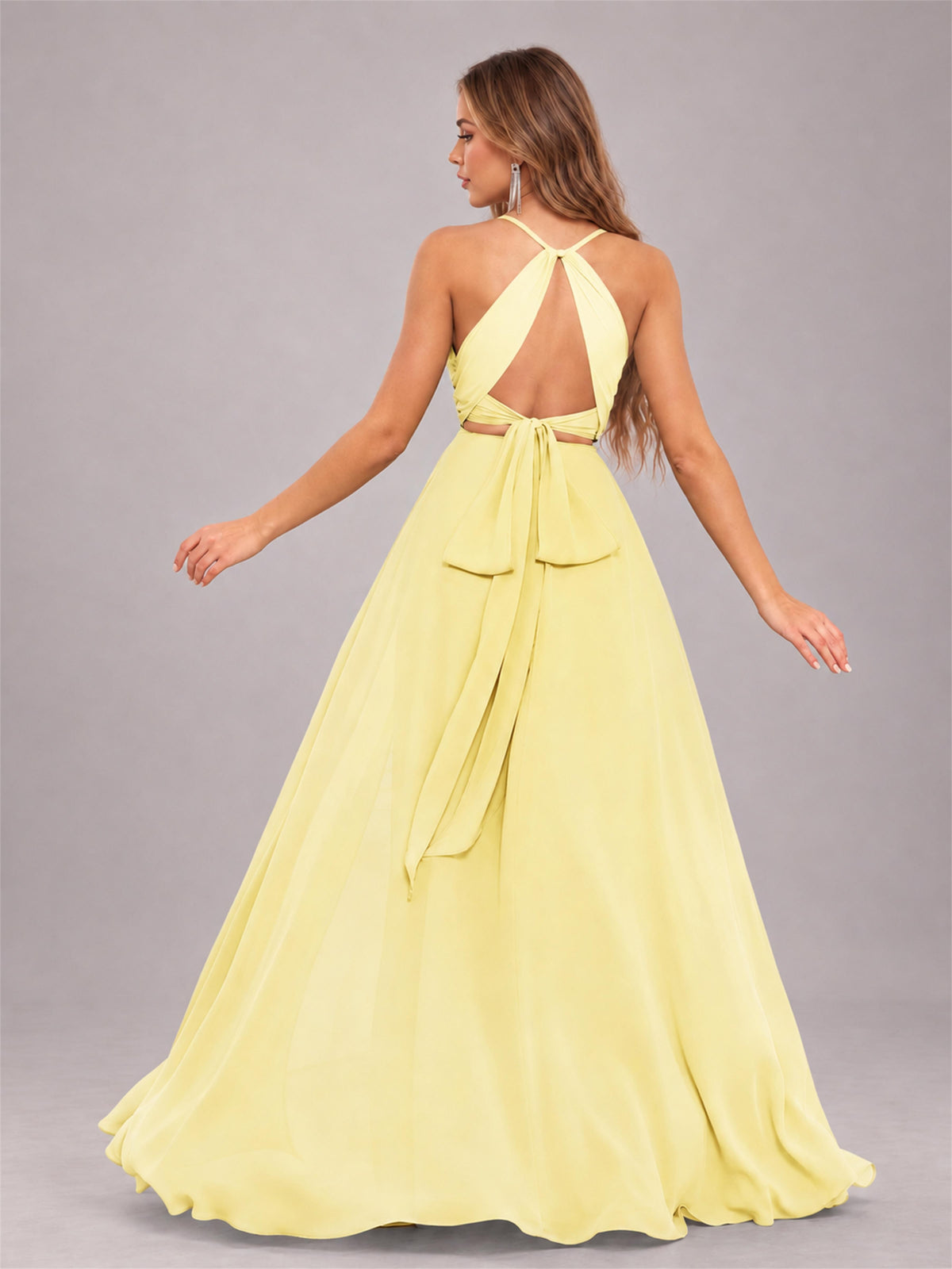 Daffodil Trendy Halter Neck Bow Back Chiffon Bridesmaid Dress with Slit