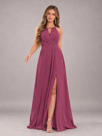 Desert Rose Trendy Halter Neck Bow Back Chiffon Bridesmaid Dress with Slit