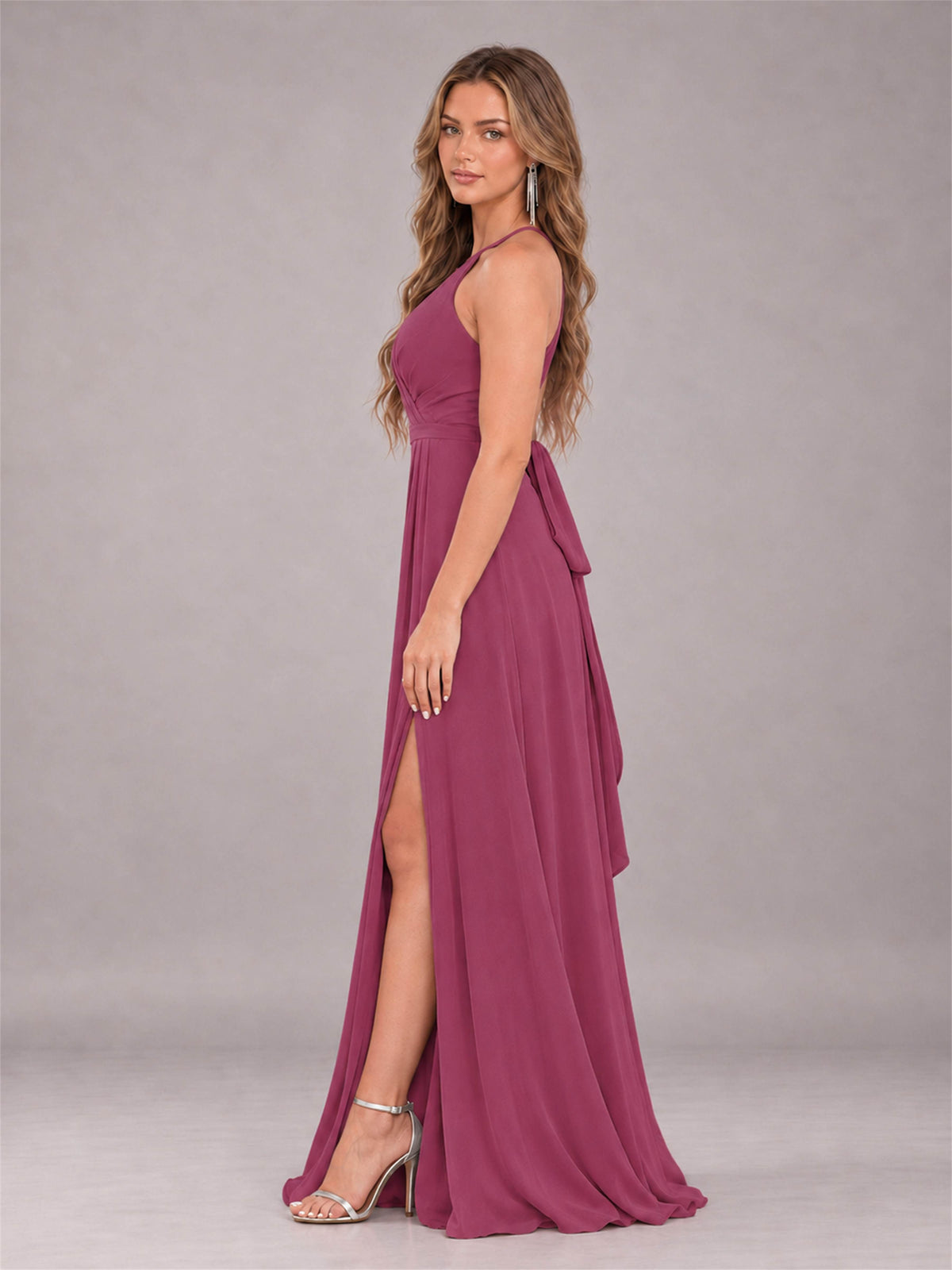 Desert Rose Trendy Halter Neck Bow Back Chiffon Bridesmaid Dress with Slit