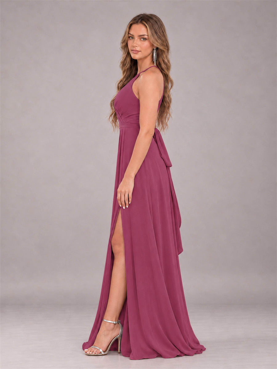 Desert Rose Trendy Halter Neck Bow Back Chiffon Bridesmaid Dress with Slit