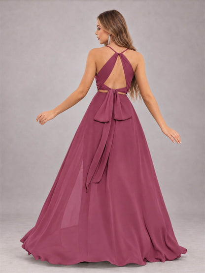 Desert Rose Trendy Halter Neck Bow Back Chiffon Bridesmaid Dress with Slit