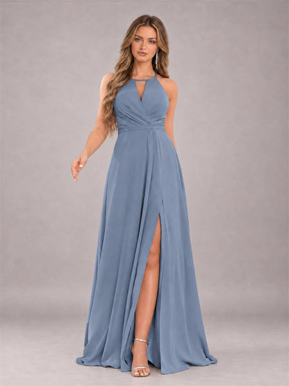 Dusty Blue Trendy Halter Neck Bow Back Chiffon Bridesmaid Dress with Slit