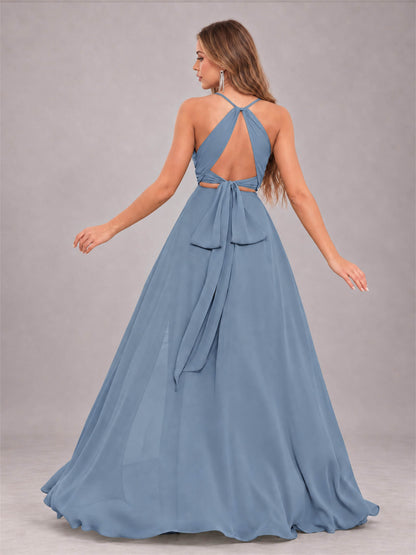 Dusty Blue Trendy Halter Neck Bow Back Chiffon Bridesmaid Dress with Slit