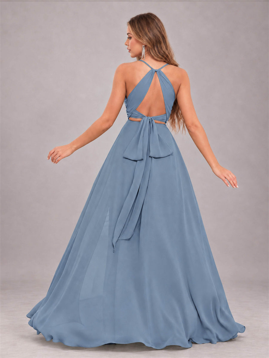 Dusty Blue Trendy Halter Neck Bow Back Chiffon Bridesmaid Dress with Slit