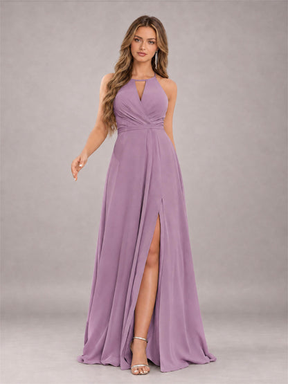 Dusty Purple Trendy Halter Neck Bow Back Chiffon Bridesmaid Dress with Slit
