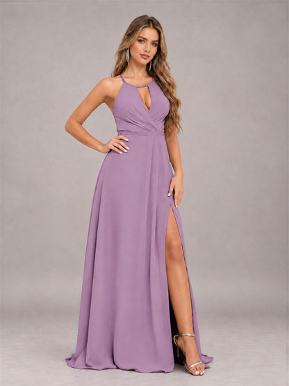 Dusty Purple Trendy Halter Neck Bow Back Chiffon Bridesmaid Dress with Slit