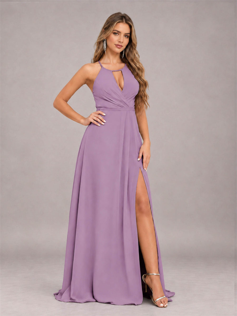 Dusty Purple Trendy Halter Neck Bow Back Chiffon Bridesmaid Dress with Slit
