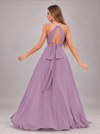 Dusty Purple Trendy Halter Neck Bow Back Chiffon Bridesmaid Dress with Slit