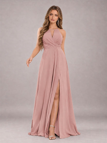 Dusty Rose Trendy Halter Neck Bow Back Chiffon Bridesmaid Dress with Slit