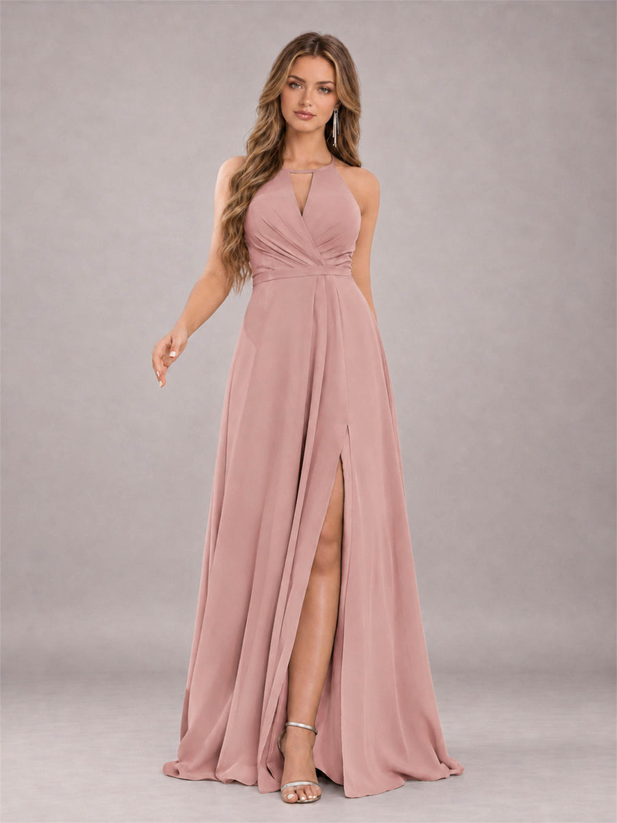 Dusty Rose Trendy Halter Neck Bow Back Chiffon Bridesmaid Dress with Slit