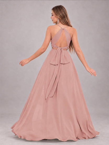 Dusty Rose Trendy Halter Neck Bow Back Chiffon Bridesmaid Dress with Slit