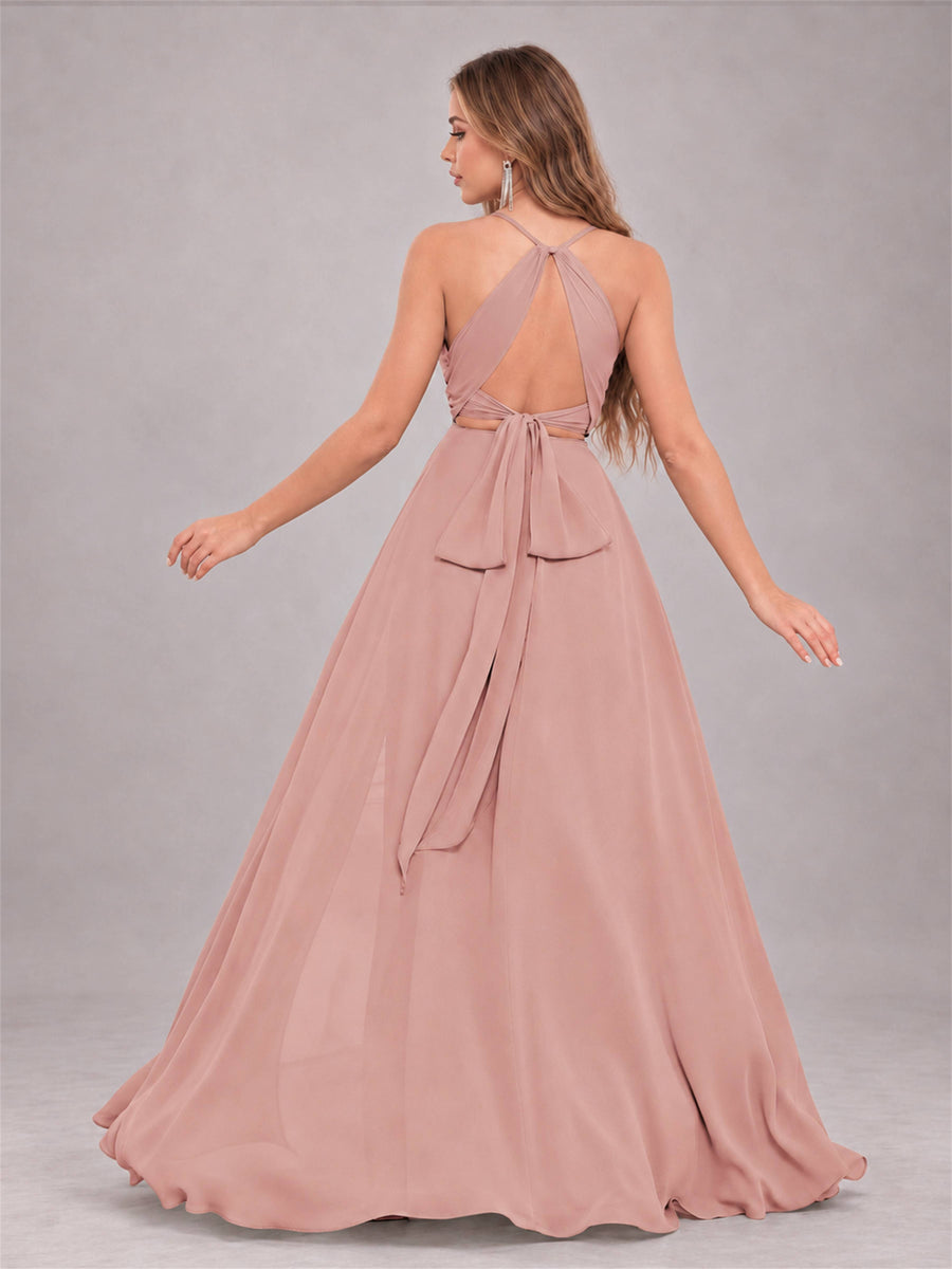 Dusty Rose Trendy Halter Neck Bow Back Chiffon Bridesmaid Dress with Slit