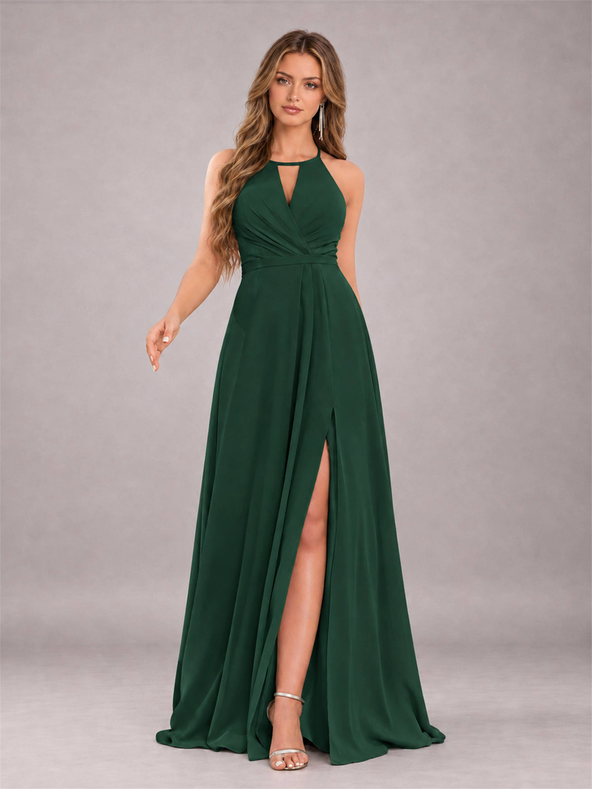 Emerald Green Trendy Halter Neck Bow Back Chiffon Bridesmaid Dress with Slit