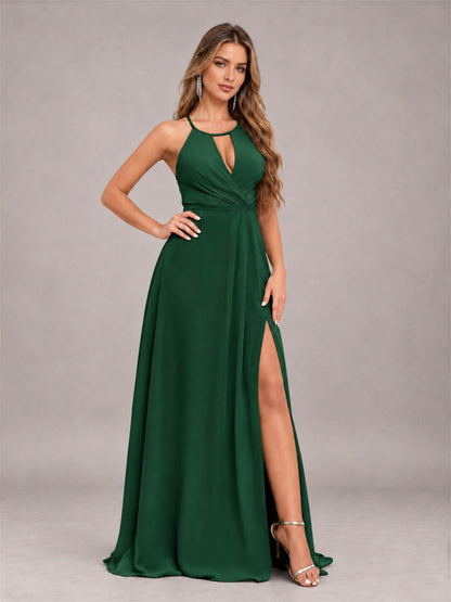 Emerald Green Trendy Halter Neck Bow Back Chiffon Bridesmaid Dress with Slit