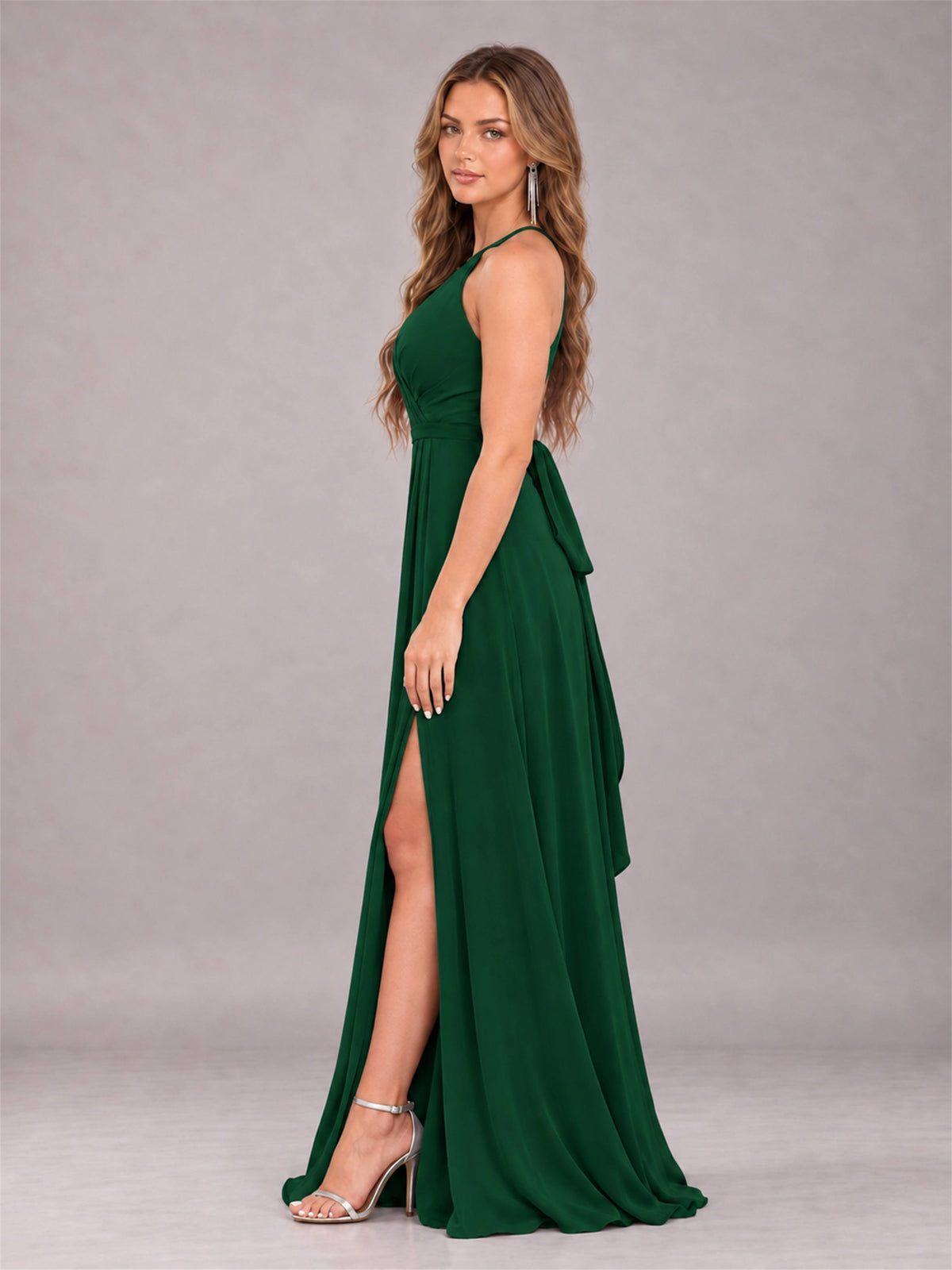 Emerald Green Trendy Halter Neck Bow Back Chiffon Bridesmaid Dress with Slit