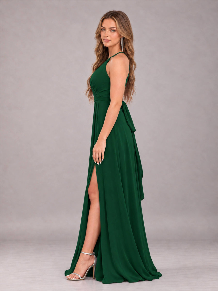 Emerald Green Trendy Halter Neck Bow Back Chiffon Bridesmaid Dress with Slit
