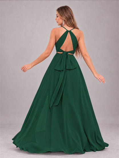 Emerald Green Trendy Halter Neck Bow Back Chiffon Bridesmaid Dress with Slit