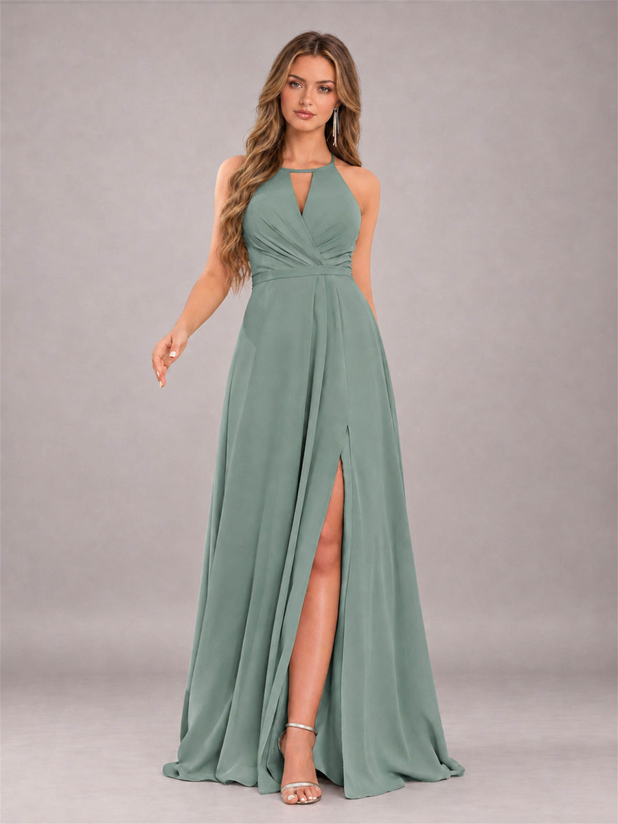 Eucalyptus Trendy Halter Neck Bow Back Chiffon Bridesmaid Dress with Slit