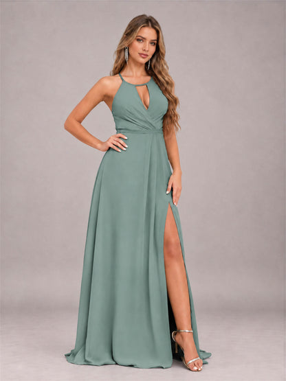 Eucalyptus Trendy Halter Neck Bow Back Chiffon Bridesmaid Dress with Slit