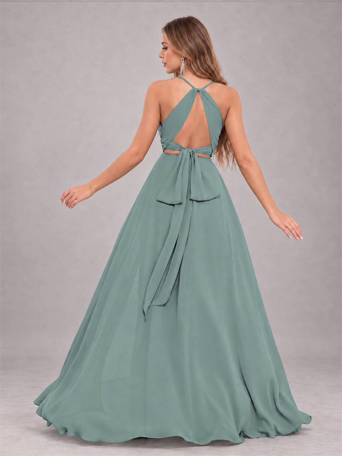 Eucalyptus Trendy Halter Neck Bow Back Chiffon Bridesmaid Dress with Slit