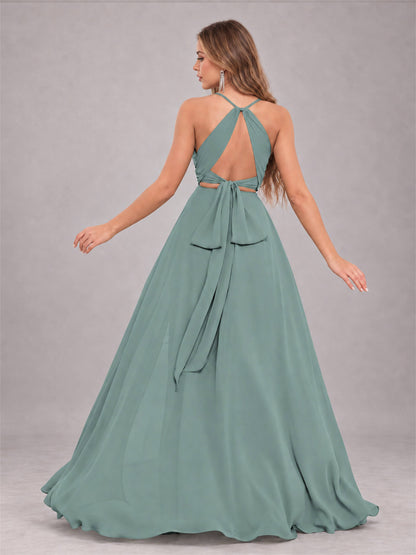 Eucalyptus Trendy Halter Neck Bow Back Chiffon Bridesmaid Dress with Slit