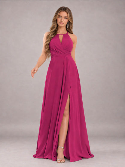 Fuchsia Trendy Halter Neck Bow Back Chiffon Bridesmaid Dress with Slit