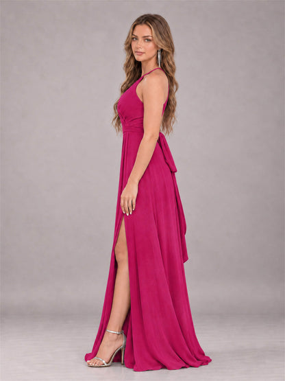 Fuchsia Trendy Halter Neck Bow Back Chiffon Bridesmaid Dress with Slit