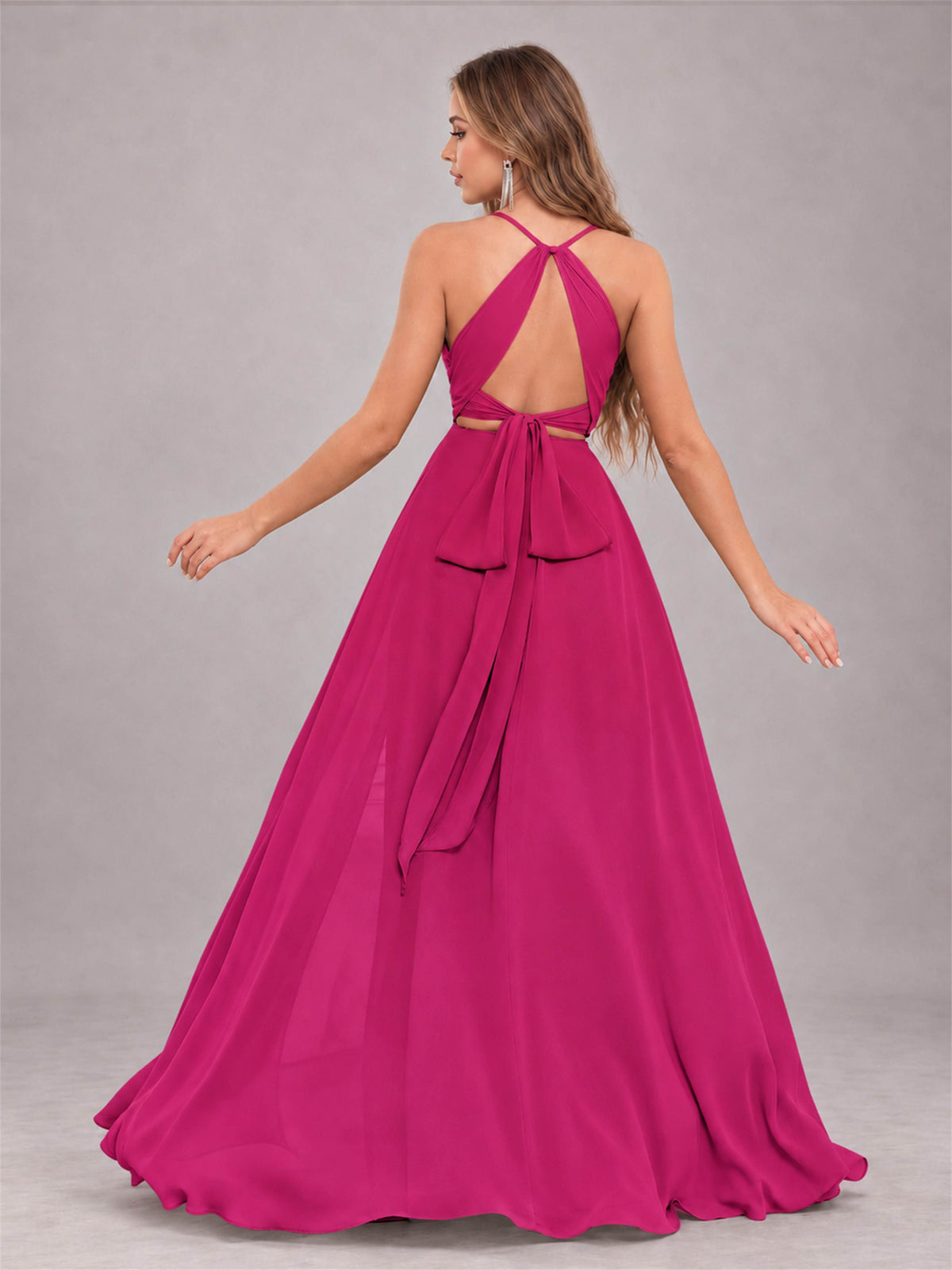 Fuchsia Trendy Halter Neck Bow Back Chiffon Bridesmaid Dress with Slit