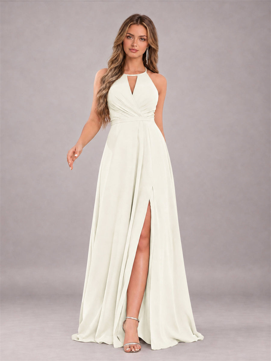 Ivory Trendy Halter Neck Bow Back Chiffon Bridesmaid Dress with Slit