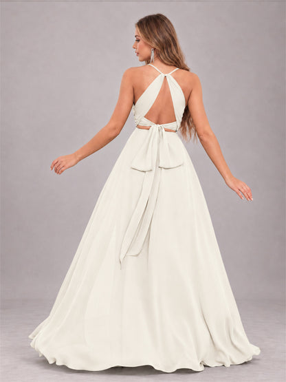 Ivory Trendy Halter Neck Bow Back Chiffon Bridesmaid Dress with Slit
