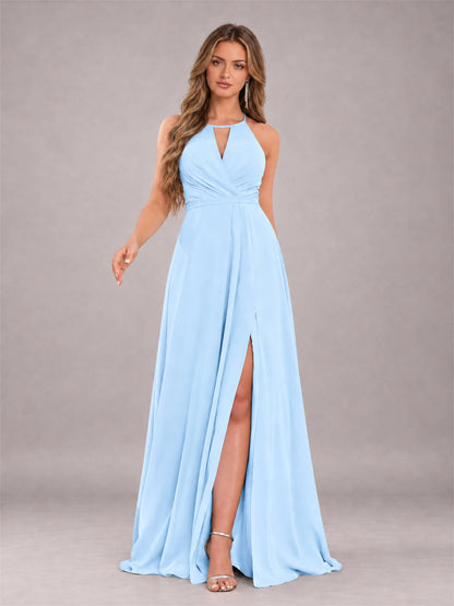 Light Blue Trendy Halter Neck Bow Back Chiffon Bridesmaid Dress with Slit