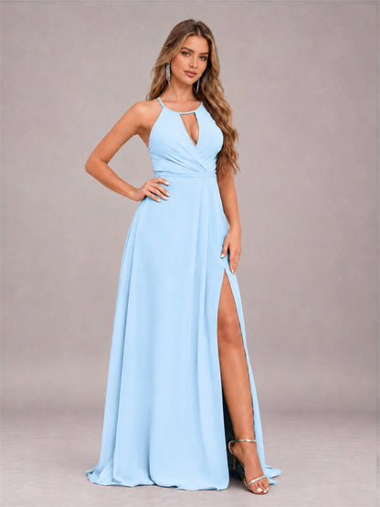 Light Blue Trendy Halter Neck Bow Back Chiffon Bridesmaid Dress with Slit